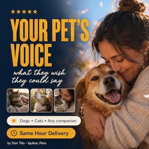 May include: A digital graphic featuring the text YOUR PET'S VOICE what they wish they could say, five stars, and three small photos of pets. It includes a list of Dogs, Cats, Any companion, a Same Hour Delivery button, and by Don Tito - Iquitos, Peru.