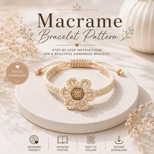 Patrón de pulsera de flores de macramé, tutorial de joyería bohemia en PDF, paso a paso para principiantes (descarga digital)