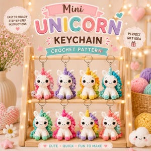 Häkelanleitung für einen Mini-Einhorn-Taschen-Schlüsselanhänger | Anfänger-Amigurumi-PDF-Tutorial (Sofort-Download)