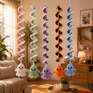 May include: Five hanging crochet decorations, each featuring a spiral tail in pink, mint green, purple, orange, or blue, topped with a white edge. Each spiral ends in a small, matching colored ghost figure with black eyes and a smiling mouth.