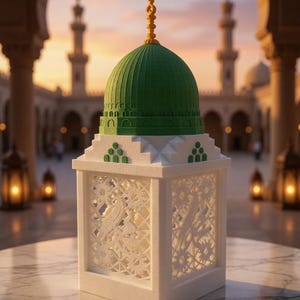 May include: A white lantern with a green dome and gold spire, designed to resemble a mosque. The lantern has detailed cut-out patterns and is placed on a marble surface. The background shows a mosque at sunset.