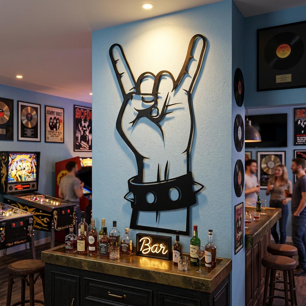 Rock Horns Hand Sign Metal Wall Art: Laser-cut Steel Music Decor