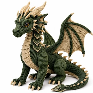 Puede incluir: Una figura de dragón tejida a ganchillo con un cuerpo verde oscuro y detalles en beige claro en el vientre, las alas, los cuernos y las puntas de la cola. La criatura tiene grandes ojos color ámbar, orejas puntiagudas y una cola larga.