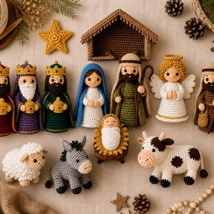 Puede incluir: Un conjunto de belén de ganchillo que incluye figuras de los tres reyes magos con túnicas rojas, moradas y verdes, María con velo azul, José con un bastón, un ángel, un pastor, un bebé en un pesebre, una oveja, un burro y una vaca, con establo y estrella.