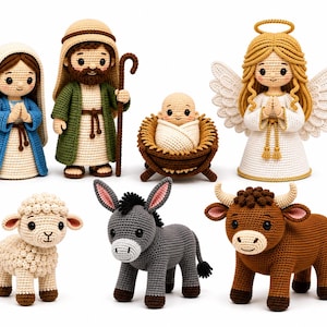 May include: A set of seven crochet figures including a person in a blue robe, a person in a green robe with a staff, a baby in a brown manger, an angel with wings, a white sheep, a gray donkey, and a brown ox, all with black bead eyes.