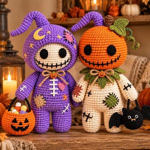 Halloween haakpatroon (PDF), patchwork amigurumi poppen, Stitchy & Jack pompoen, Halloween pluche tutorial