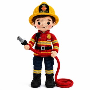 Könnte beinhalten: Eine gehäkelte Puppe als Feuerwehrmann verkleidet, mit einem gelben Helm mit der Aufschrift FIRE FIGHTER, einer roten Jacke mit gelben und grauen Reflexstreifen, einem schwarzen Gürtel und einer dunkelblauen Hose. Die Puppe hält ein graues Strahlrohr und einen roten Schlauch.