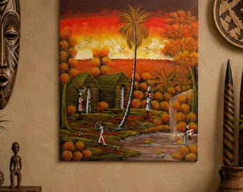 Haitian Folk Art Painting on Stretched Canvas