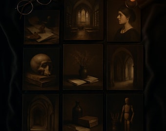 Könnte beinhalten: Neun Sepia-Kunstdrucke, angeordnet in einem Raster, die verschiedene gotische und akademische Themen darstellen. Zu den Motiven gehören ein Schädel, ein Frauenporträt, eine Bibliothek und Stillleben. Eine brennende Kerze und eine Brille sind in der Nähe platziert.