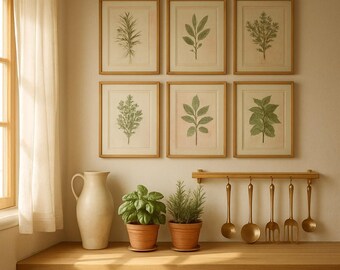 Könnte beinhalten: Sechs gerahmte botanische Drucke mit grünen Blättern hängen über einer Holztheke. Darunter stehen zwei Kräutertöpfe neben einem cremefarbenen Krug. Ein Holzregal hält goldfarbene Küchenutensilien.