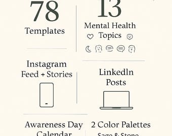 Könnte beinhalten: Grafik mit Text und Symbolen auf hellbeigem Hintergrund. Der Text beinhaltet "78 Vorlagen", "13 Themen zur psychischen Gesundheit", "Instagram Feed + Stories", "LinkedIn Posts", "Awareness Day Calendar" und "2 Farbpaletten".