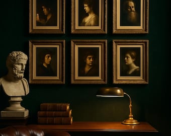 Könnte beinhalten: Sechs gerahmte Porträtgemälde mit goldenen Rahmen werden an einer dunkelgrünen Wand gezeigt. Eine Marmorbüste und ein Schreibtisch mit Büchern und einer Lampe befinden sich im Vordergrund. Die Porträts zeigen Personen in klassischer Kleidung.