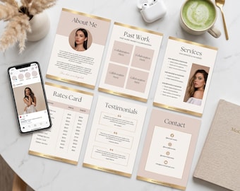 Könnte beinhalten: Eine Draufsicht mit Visitenkarten mit Goldrand, einem Smartphone mit einem Instagram-Profil und einer Tasse Matcha. Die Karten enthalten Abschnitte für "About Me", "Past Work", "Services", "Rates Card", "Testimonials" und "Contact".