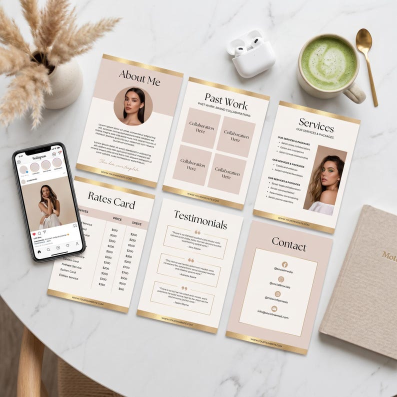 UGC Portfolio Template 6 pages Canva flat lay marble desk