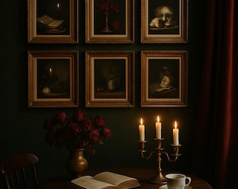 Könnte beinhalten: Ein düsteres Interieur mit sechs gerahmten Gemälden an einer dunkelgrünen Wand. Ein runder Holztisch zeigt ein offenes Buch, eine Vase mit roten Rosen, einen Kerzenleuchter mit brennenden Kerzen und eine Teetasse. Vintage und klassische Atmosphäre.