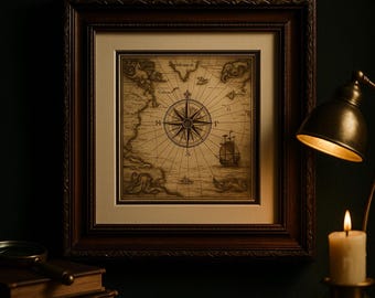 Könnte beinhalten: Ein gerahmter Vintage-Druck einer Seekarte. Die Karte zeigt eine Windrose, ein Segelschiff und detaillierte Illustrationen von Landmassen. Der Rahmen ist dunkelbraun und der Druck hat einen Sepia-Ton. Eine brennende Kerze und eine Schreibtischlampe sind sichtbar.
