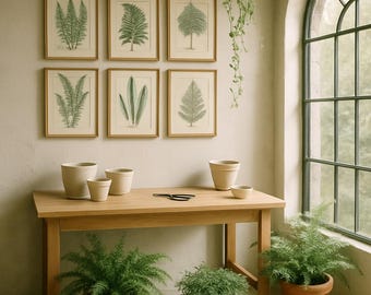 Könnte beinhalten: Ein heller Holztisch mit sechs gerahmten botanischen Drucken an der Wand. Die Drucke zeigen grüne Farnillustrationen. Mehrere beige Keramiktöpfe in verschiedenen Größen und eine Schere stehen auf dem Tisch. Topffarne befinden sich im Vordergrund.