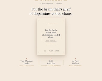 Könnte beinhalten: Ein digitaler Planer mit dem Titel "The ADHD Planner, Volume 1" mit dem Text "Für das Gehirn, das müde von Dopamin-codiertem Chaos ist." Zu den Funktionen gehören ein Time Blindness Tracker, RSD Reset Log und 140 undatierte Seiten.