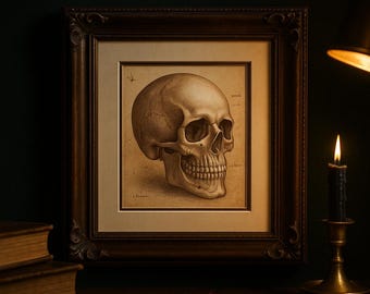 Könnte beinhalten: Gerahmte, sepiafarbene anatomische Zeichnung eines menschlichen Schädels. Das Kunstwerk befindet sich in einem dunklen Holzrahmen, mit einer brennenden Kerze in einem Messinghalter rechts. Die Szene spielt auf einer Holzoberfläche mit Büchern und Rosenblättern.
