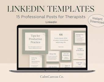 Könnte beinhalten: Ein Laptop zeigt LinkedIn-Vorlagen für Therapeuten. Der Bildschirm zeigt 15 professionelle Post-Designs mit Texten wie "Tipps für produktive Praxis" und "3 Anzeichen von Burnout". Oben steht "LINKEDIN TEMPLATES".