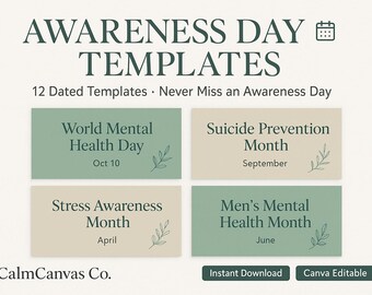 Könnte beinhalten: Ein Bild mit dem Text "AWARENESS DAY TEMPLATES" und "12 datierte Vorlagen Verpassen Sie nie einen Awareness Day". Es enthält vier rechteckige Blöcke mit Text über Tage und Monate des Bewusstseins für psychische Gesundheit.