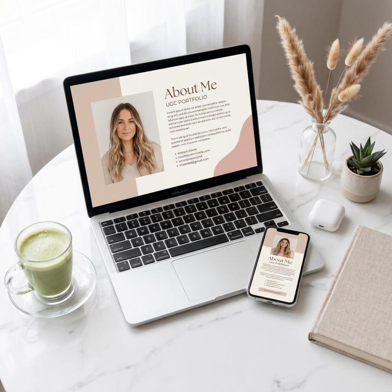 UGC portfolio template Canva on laptop phone modern workspace