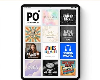 Könnte beinhalten: Ein digitales Tablet zeigt eine Sammlung von Podcast-Cover-Vorlagen. Die Cover zeigen verschiedene Designs, darunter Aquarellhintergründe, Stadtlandschaften und grafische Elemente. Der Text auf dem Bildschirm enthält Podcast-Titel und den Satz "12 Canva Templates - Edit in 3 Minutes."