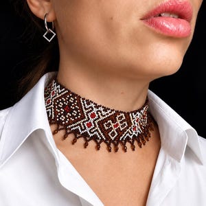 Handmade Ukrainian Beaded Choker Necklace, Geometric Folk Jewelry, Czech Seed Beads (4.5cm Wide)