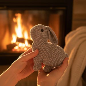 Puede incluir: Un juguete de conejo gris tejido a ganchillo, con orejas largas y un pequeño ojo negro, se sostiene en dos manos. El conejo está frente a una chimenea con un brillo cálido. El juguete es suave y texturizado.