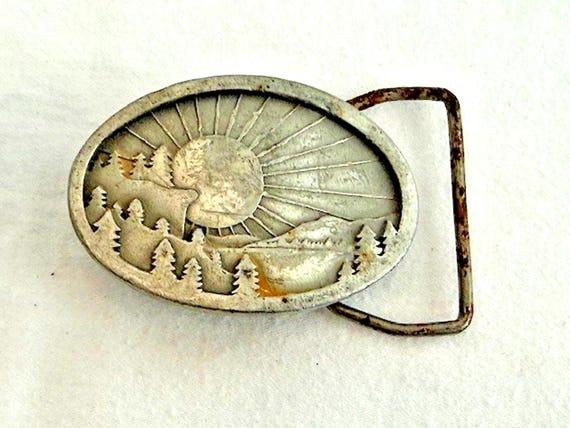 Vintage Indiana Metal Craft Belt Buckle Pewter Sunrise Sunset Mountain 1977