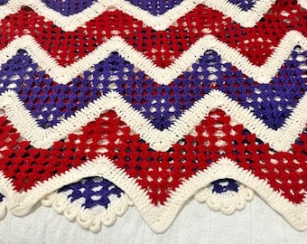 Vintage "HANDMADE Crochet CHEVRON AFGHAN Throw" Red/White/Purple