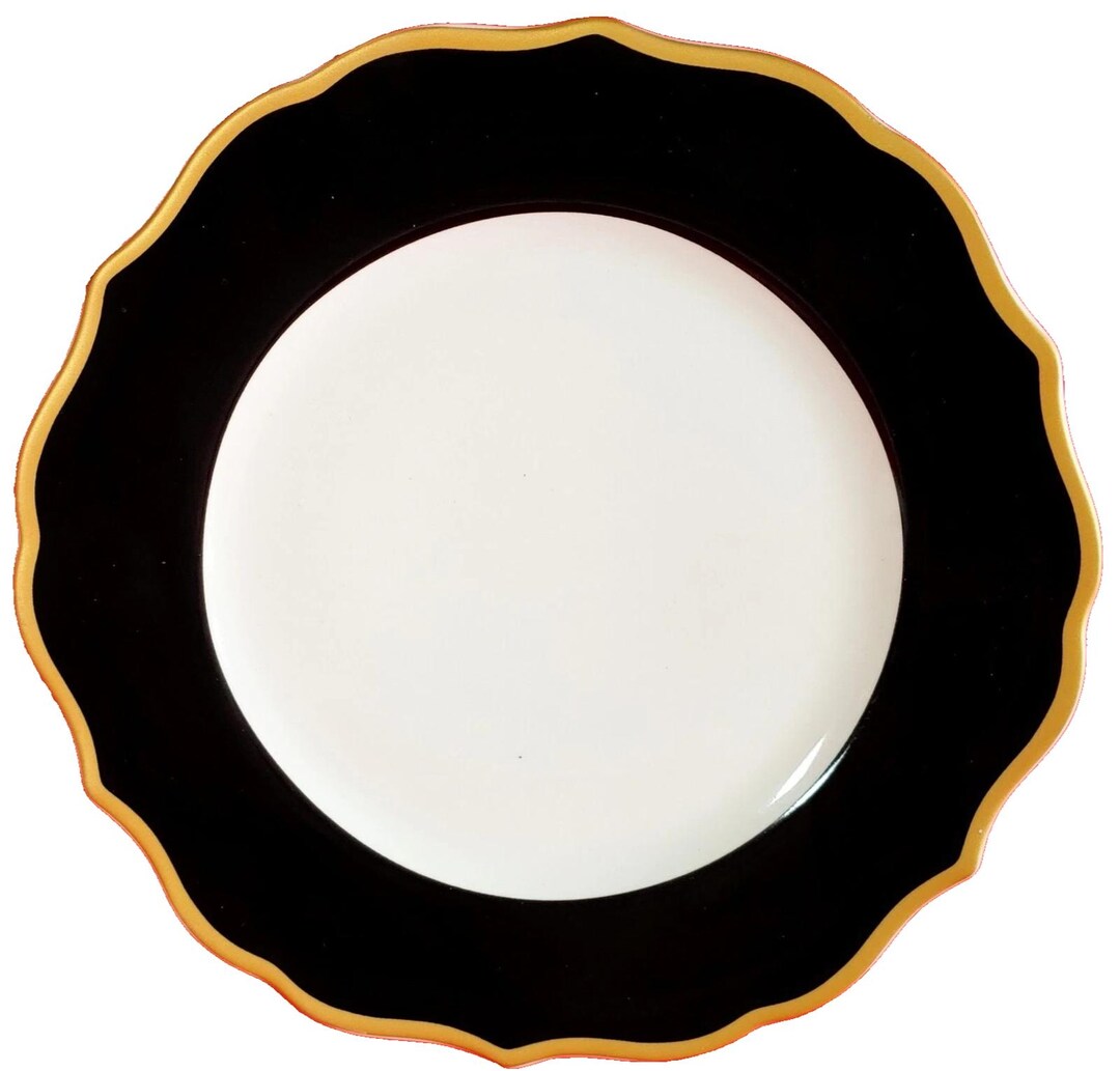 Set of 4 ROBERT STANLEY Home Dinner Plate Black / Gold Trim SCALLOPED ...