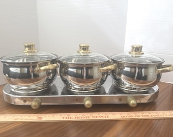 Command Performance Stainless/ Gold Buffet Cookware Set 3 Pots Lids & Warmer VTG