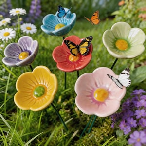 May include: A collection of colorful ceramic flower garden stakes with yellow centers. Butterflies with various wing patterns are perched on the flowers or flying nearby. The flowers are in shades of blue, purple, red, yellow, pink, and green.