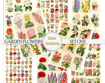 Digital Vintage Garden Flowers Collage Sheets, Digital One Inch Circles & Squares, Domino Images, ATC, Garden Printables, Commercial Use