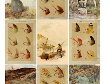 Vintage Fly Fishing Collage Sheet: Clip Art Images (JPEG, PDF) Digital Download