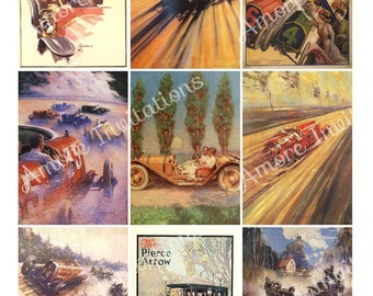 Vaderdag vintage klassieke racewagens digitaal collageblad, illustraties, ATC, jpeg, direct downloaden, downloadbaar, commercieel gebruik, CU-gebruik