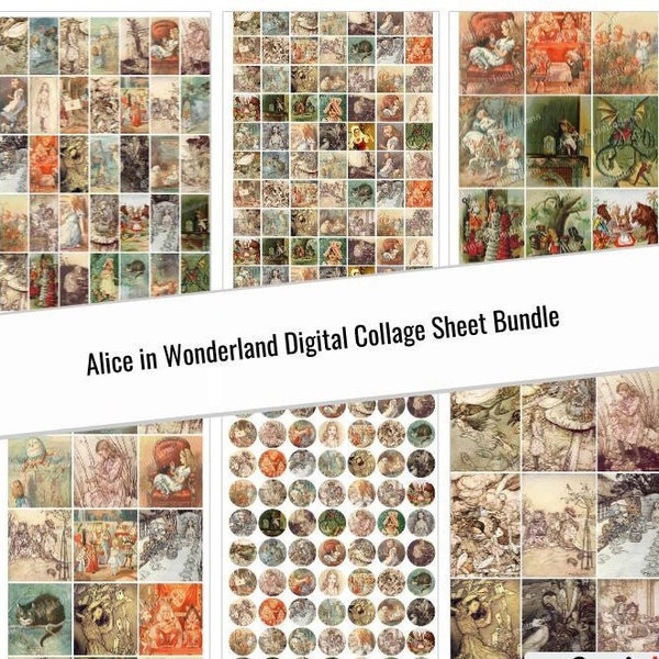 Printable Alice in Wonderland Digital Collage Sheet Bundle, Domino Images ATC, 1" Circles 1" Squares, Junk Journals Download, Commercial Use