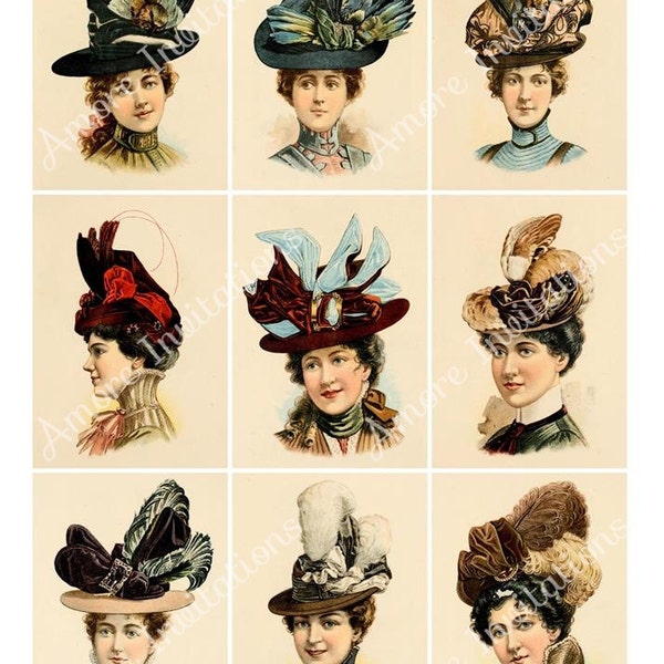 Printable Victorian Vintage Ladies Hats Millinery Digital Collage Sheet, Clip Art, Images Scrapbook atc JPEG Instant Download Commercial Use