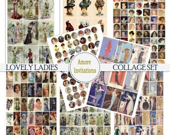Digital Vintage Lovely Ladies, Women Collage Sheet Bundle, 1x2 inch Domino Images, ATC, 1" Squares / Circles, Download, JPEG, Commercial Use