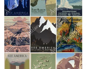 Vintage USA Travel Poster Collage Sheet: Junk Journal Ephemera (PDF JPEG) Digital Download