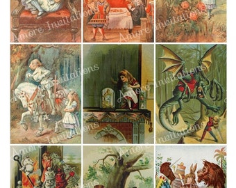 Printable Alice in Wonderland Digital Collage Sheet, Vintage John Tenniel Images Scrapbook, atc, JPEG  PDF  Instant Download  Commercial Use