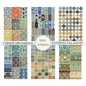 May include: A collage of Chinese ornamental patterns in various colors, including red, blue, green, and orange. The patterns are arranged in rectangular and circular shapes. The text "CHINESE ORNAMENTAL" and "PATTERNS COLLAGE SET" are displayed.