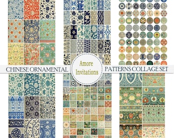 Digital Vintage Chinese Ornamental Patterns Collage Sheet Bundle, 1x2 inch Domino Images, ATC, 1" Squares, Circles, Download, Commercial Use