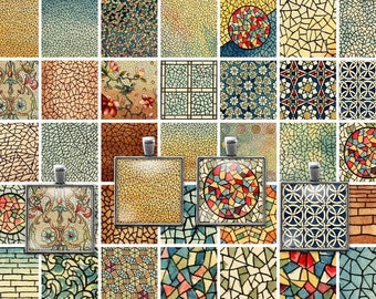 Digital Clip Art Vintage Glass Mosaic Collage Sheet, 1 Inch squares, One Inch Printables,  JPEG, PDF, Instant Download, Cu, Commercial use