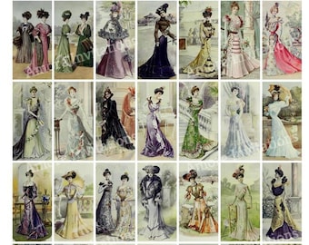 Victorian Vintage Ladies Fashion Digital Collage Sheet, 1x2 inch Domino Images, JPEG, Printable Instant Downloadable, Cu, Commercial Use