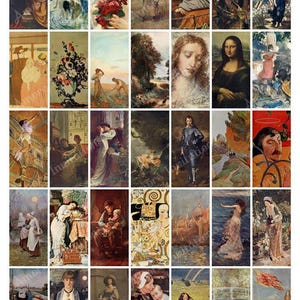 以下が含まれることがあります： 30枚のヴィンテージ絵画のコラージュ。風景、肖像画、静物画など、さまざまなモチーフが描かれています。絵画はさまざまなスタイルと色で描かれており、すべてシンプルな黒い額縁に入っています。