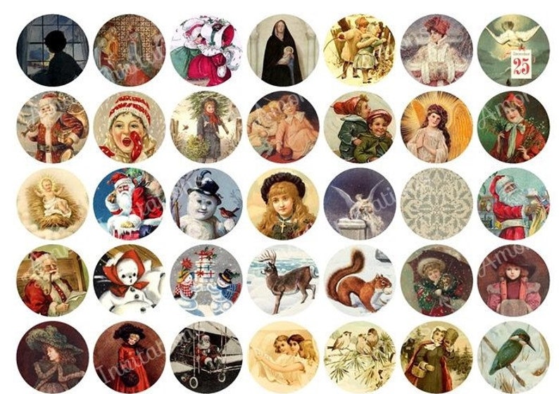 Vintage Christmas Collage Sheet: 1" Circle Images (Digital Download) image 3