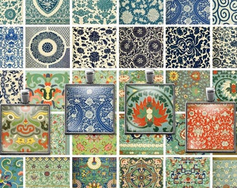 Printable Vintage Chinese Ornament Patterns: 1 Inch Squares Collage Sheet (Digital Download) JPEG - Commercial Use
