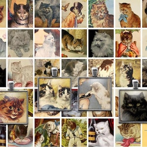 Printable Digital Vintage Victorian Cats Collage Sheet, 1 Inch squares images, Inchies, One Inch Printables, JPG, Download, Commercial Use